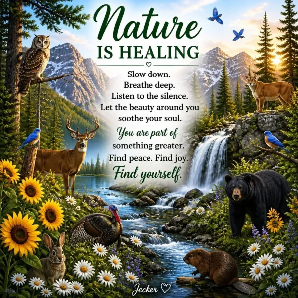 May be an image of text that says '華 Nature IS HEALING Slow down. Breathe deep. Listen to the silence. Let the beauty around you soothe your soul. You are part of something greater. Find peace. Find joy. Find yourself. Jecker'