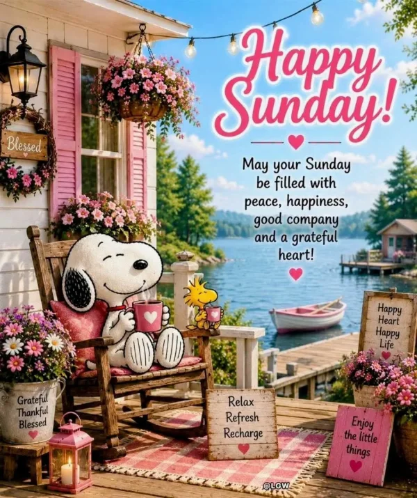May be an image of text that says 'Blessed Happy Sunday! May your Sunday be filled with peace, happiness, good company and a grateful heart! Happy Heart Happy Life Grateful Thankful Blessed Relax Refresh Recharge Enjoy the little things @LGW'