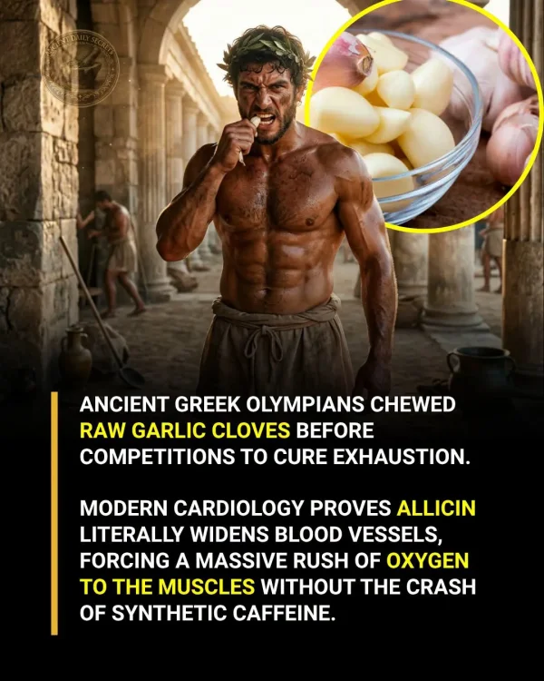 May be an image of body building and text that says 'ANCIENT GREEK OLYMPIANS CHEWED RAW GARLIC CLOVES BEFORE COMPETITIONS TO CURE EXHAUSTION. MODERN CARDIOLOGY PROVES ALLICIN LITERALLY WIDENS BLOOD VESSELS, FORCING A MASSIVE RUSH OF OXYGEN To THE MUSCLES WITHOUT THE CRASH OF SYNTHETIC CAFFEINE.'