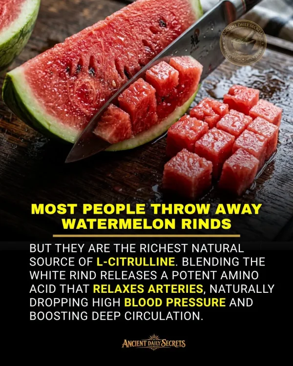May be an image of watermelon and text that says 'CIENT MOST PEOPLE THROW AWAY WATERMELON RINDS BUT THEY ARE THE RICHEST NATURAL SOURCE OF L-CITRULLINE. BLENDING THE WHITE RIND RELEASES A POTENT AMNO ACID THAT RELAXES ARTERIES NATURALLY DROPPING HIGH BLOOD PRESSURE AND BOOSTING DEEP CIRCULATION. ANCIENTDAILYSECRETS'