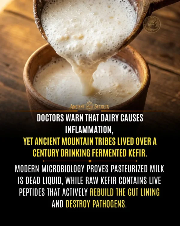 May be an image of drink and text that says 'ANCIENTDAILYSECRETS DAILY SECRETS ANCIENT DOCTORS WARN AT DAIRY CAUSES INFLAMMATION, YET YET ANCIENT MOUNTAIN TRIBES LIVED OVER A CENTURY DRINKING FERMENTED KEFIR. MODERN MICROBIOLOGY PROVES PASTEURIZED MILK IS DEAD LIQUID, WHILE RAW KEFIR CONTAINS LIVE PEPTIDES THAT ACTIVELY REBUILD THE GUT LINING AND DESTROY PATHOGENS.'