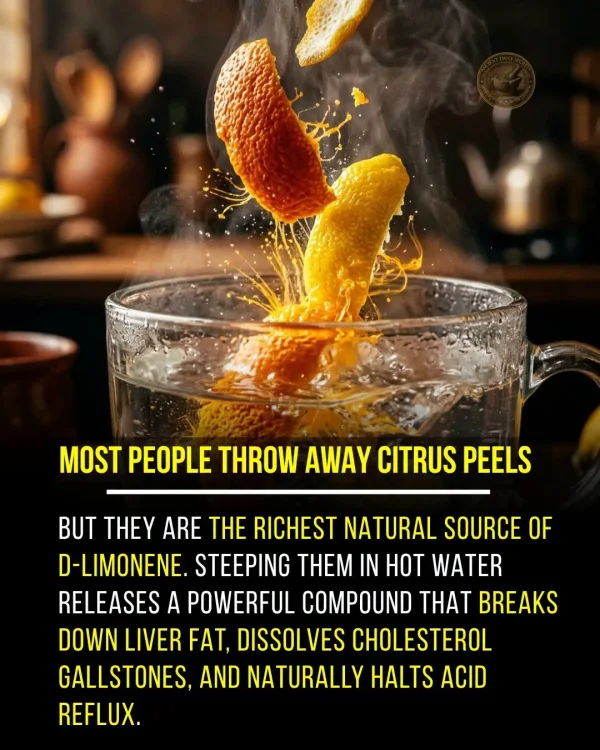 May be an image of drink and text that says 'MOST PEOPLE THROW AWAY CITRUS PEELS BUT THEY ARE THE RICHEST NATURAI SOURCE OF D-LIMONENE. STEEPING THEM IN HOT WATER RELEASES A POWERFUL COMPOUND THAT BREAKS DOWN LIVER FAT, DISSOLVES CHOLESTEROL GALLSTONES, AND NATURALLY HALTS ACID REFLUX.'