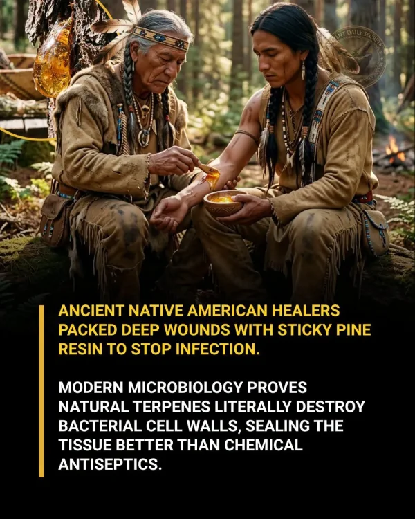 May be an image of text that says 'ANCIENT NATIVE AMERICAN HEALERS PACKED DEEP WOUNDS WITH STICKY PINE RESIN TO STOP INFECTION. MODERN MICROBIOLOGY PROVES NATURAL TERPENES LITERALLY DESTROY BACTERIAL CELL WALLS, SEALING TH TISSUE BETTER THAN CHEMICAL ANTISEPTICS.'