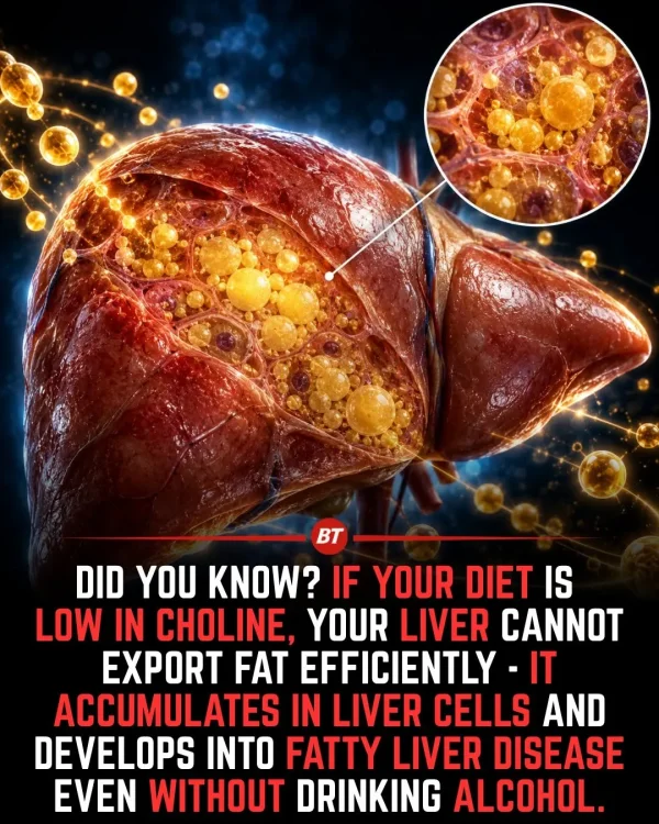 May be an image of text that says 'BT DID YOU KNOW? IF YOUR DIET IS S LOW IN CHOLINE, YOUR LIVER CANNOT EXPORT FAT EFFICIENTLY IT ACCUMULATES IN LIVER CELLS AND DEVELOPS INTO FATTY LIVER DISEASE EVEN WITHOUT DRINKING ALCOHOL.'