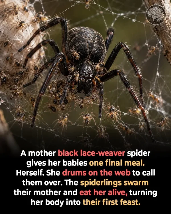 May be an image of text that says 'A mother black lace-weaver spider gives her babies one final meal. Herself. She drums on the web to call them over. The spiderlings swarm their mother and eat her alive, turning her body into their first feast.'