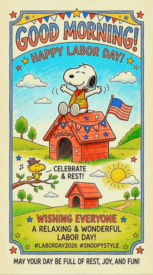 May be a doodle of text that says 'GOOD MORNING! HAPPY LABOR DAY! LABOR DAY DOGOPY CELEBRATE & REST! DOGOP, WISHING EVERYONE A RELAXING & WONDERFUL LABOR DAY! #LABORDAY2026 #SNOOPYSTYLE MAY YOUR DAY BE FULL OF REST, JOY, AND FUN!'