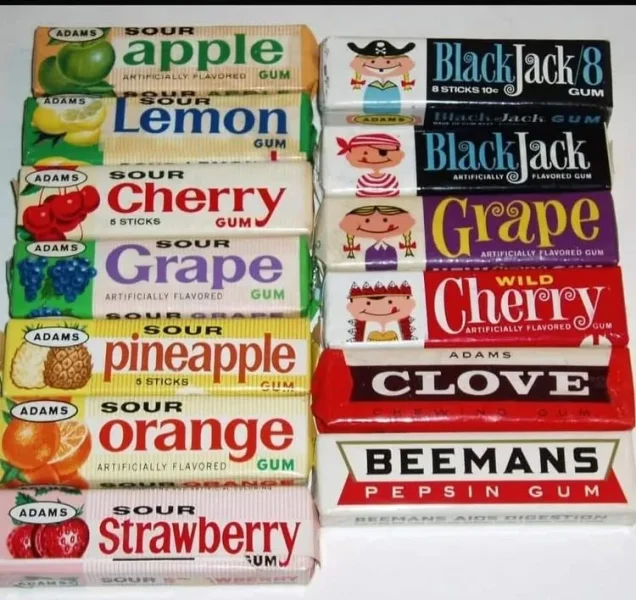 May be an image of bubble gum and text that says 'ADAMS ADAMS apple ANTIFICIALLY ΔνΘΗEΩ GUM ADAMS Lemon GUM ADAMS BlackJack8 10 STICKS GUM BlackJack GUM LAVORE Grape RTIFICIALLY FLAVOREDGUM ARTIFICIALLY.LAVOREBCUM GUM Cherry υm WILD AITIFICIALYFLAVOREDOGUM LAVORED SOUR Cherry 5 STICKS GUM Grape SOUR ARTIFICIALLY FLAVORED GUM SOURGRARM ADAMS pineapple STICKS| SOUR orange ARTIFICIALLY ALLY FLAVORED GUM ADAMS ADAMS CLOVE ADAMS Strawberry SOUR RUM REEMANS BEEMANS PEPSIN GUM M ATPE DIGESTION'