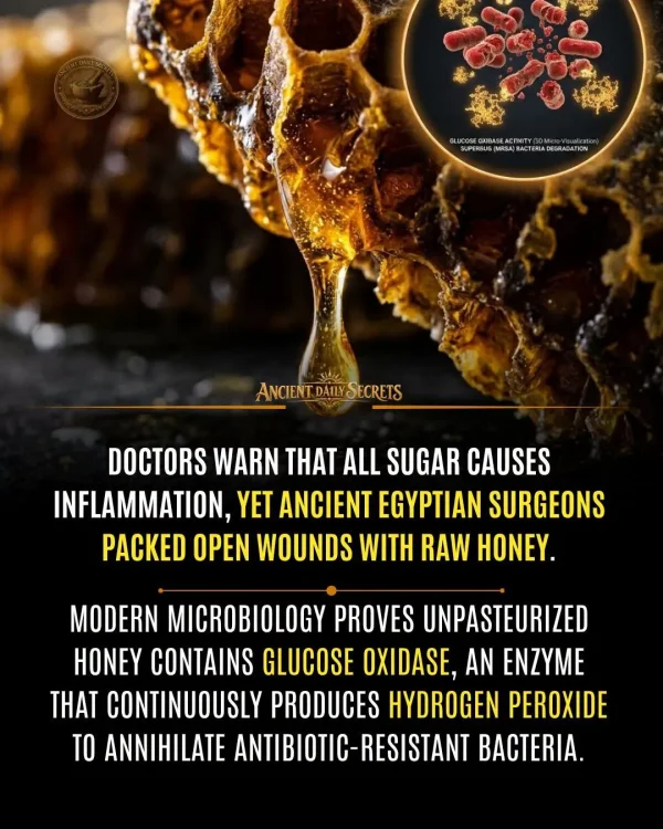 May be an image of text that says 'มสังรเราบรเสาิกรกวิกเวา DEGRADATION GRAO ANCIENT.DAILYSECRETS SECRETS DOCTORS WARN THAT ALL SUGAR CAUSES INFLAMMATION, YET ANCIENT EGYPTIAN SURGEONS PACKED OPEN WOUNDS WITH RAW HONEY. MODERN MICROBIOLOGY PROVES UNPASTEURIZED HONEY CONTAINS GLUCOSE OXIDASE, AN ENZYME THAT CONTINUOUSLY PRODUCES HYDROGEN PEROXIDE TO ANNIHILATE ANTIBIOTIC-RESISTANT BACTERIA.'