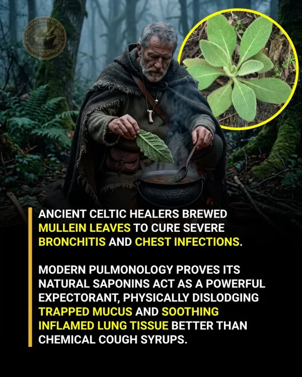 May be an image of medicine and text that says 'DAIE ANCIENT CELTIC HEALERS BREWED MULLEIN LEAVES tO CURE SEVERE BRONCHITIS AND CHEST INFECTIONS. MODERN PULMONOLOGY PROVES ITS NATURAL SAPONINS ACT AS A POWERFUL , PHYSICALLY DISLODGING TRAPPED MUCUS AND SOOTHING INFLAMED LUNG TISSUE BETTER THAN CHEMICAL COUGH SYRUPS.'