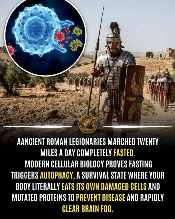 May be an image of text that says 'AANCIENT ROMAN LEGIONARIES MARCHED TWENTY MILES A DAY DAY COMPLETELY FASTED. MODERN CELLULAR BIOLOGY PROVES FASTING TRIGGERS AUTOPHAGY, A SURVIVAL STATE WHERE YOUR BODY LITERALLY EATS ITS OWN DAMAGED CELLS AND MUTATED PROTEINS TO PREVENT DISEASE AND RAPIDLY CLEAR BRAIN FOG.'