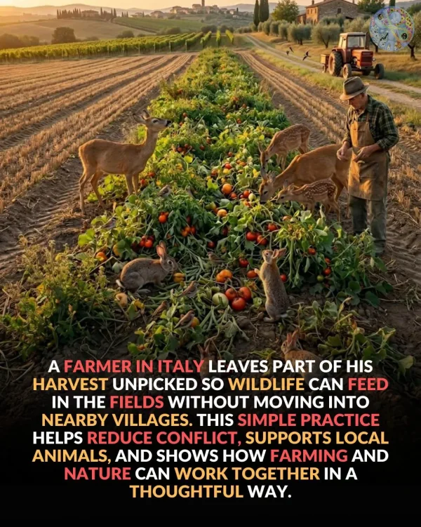 May be an image of text that says 'A FARMER IN ITALY LEAVES PART OF HIS HARVEST UNPICKED so WILDLIFE N FEED IN THE FIELDS WITHOUT MOVING INTO NEARBY VILLAGES. THIS SIMPLE PRACTICE HELPS REDUCE CONFLICT, SUPPORTS LOCAL ANIMALS, AND SHOWS HOW FARMING AND NATURE CAN WORK TOGETHER IN A THOUGHTFUL WAY.'