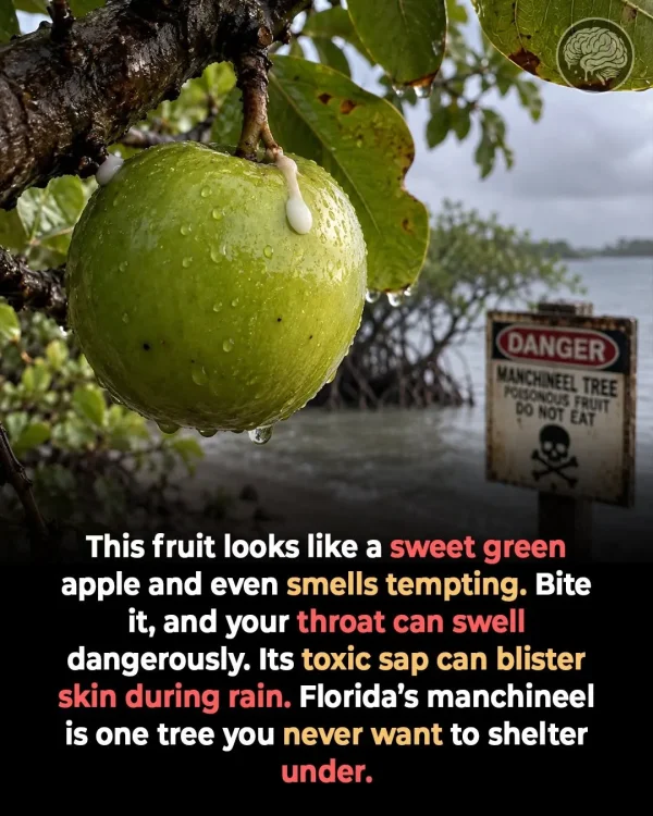 May be an image of text that says 'DANGER MANCHINEELTREE DONOTEAT This fruit looks like a sweet green apple and even smells tempting. Bite it, and your throat can swell dangerously. Its toxic sap can blister skin during rain. Florida's manchineel is one tree you never want to shelter under.'