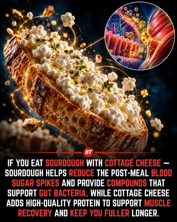 May be an image of text that says 'BT IF yo EAT SOURDOUGH WITH COTTAGE CHEESE SOURDOUGH HELPS REDUCE THE POST-MEAL BLOOD SUGAR SPIKES AND PROVIDE COMPOUNDS THAT SUPPORT GUT BACTERIA, WHILE CHEESE ADDS HIGH-QUALITY PROTEIN TO SUPPORT MUSCLE RECOVERY AND KEEP YOU FULLER LONGER.' May be an image of text that says 'BT IF yo EAT SOURDOUGH WITH COTTAGE CHEESE SOURDOUGH HELPS REDUCE THE POST-MEAL BLOOD SUGAR SPIKES AND PROVIDE COMPOUNDS THAT SUPPORT GUT BACTERIA, WHILE CHEESE ADDS HIGH-QUALITY PROTEIN TO SUPPORT MUSCLE RECOVERY AND KEEP YOU FULLER LONGER.'