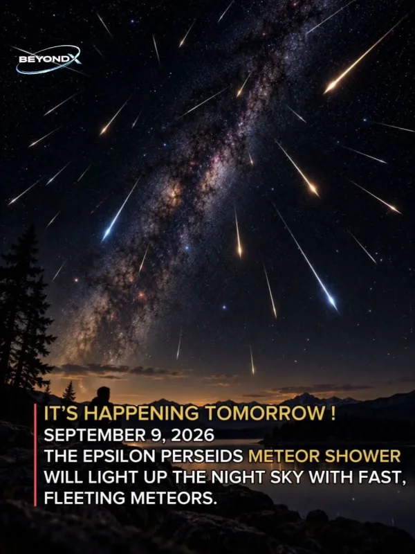May be an image of text that says 'BEYONDX IT'S HAPPENING TOMORROW! SEPTEMBER 9, 2026 THE EPSILON PERSEIDS METEOR SHOWER WILL LIGHT UP TH NIGHT SKY WITH FAST, FLEETING METEORS.'