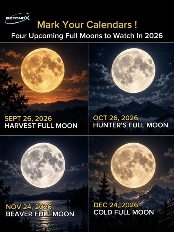 May be an image of text that says 'BEYONDX Mark Your Calendars! Four Upcoming Full Moons to Watch In 2026 SEPT 26, 2026 HARVEST FULL MOON OCT OCT26,2026 26, 2026 HUNTER'S FULL MOON NOV NOV24,2026 24, 2026 BEAVER FULL MOON DEC DEC24,2026 24, 2026 COLD FULL MOON'