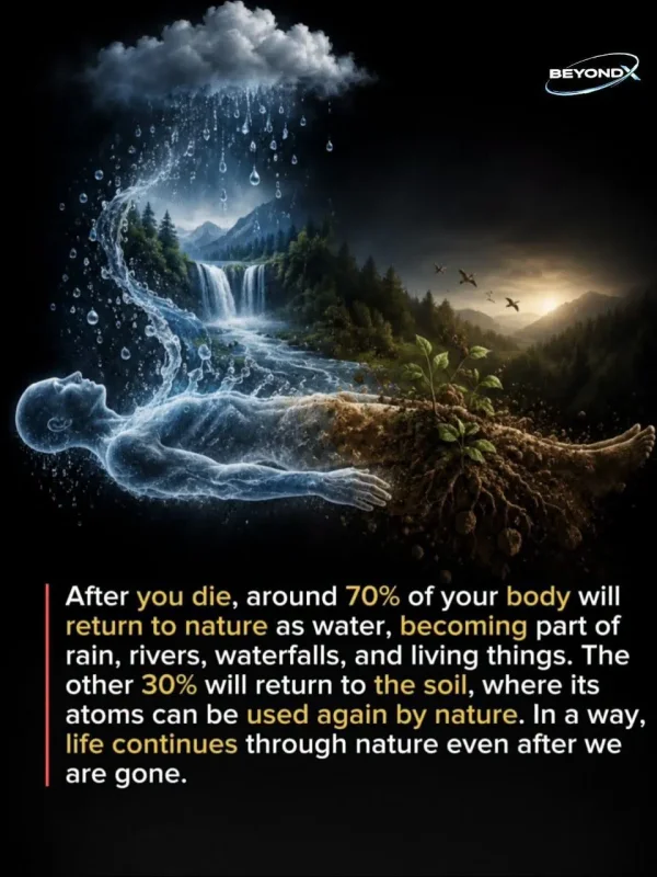 May be an image of text that says 'BEYOND After you die, around 70% of your body will return to nature as water, becoming part of rain, rivers, waterfalls. and living things. The other 30% will return to the soil, where its atoms can be used again by nature. In a way, life continues through nature even after we are gone.' May be an image of text that says 'BEYOND After you die, around 70% of your body will return to nature as water, becoming part of rain, rivers, waterfalls. and living things. The other 30% will return to the soil, where its atoms can be used again by nature. In a way, life continues through nature even after we are gone.'