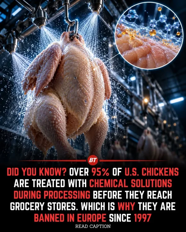 May be an image of text that says 'BT DID YOU KNOW? OVER 95% OF OF U.S. CHICKENS ARE TREATED WITH CHEMICAL SOLUTIONS DURING PROCESSING BEFORE THEY REACH GROCERY STORES. WHICH IS WHY THEY ARE BANNED IN EUROPE SINCE 1997 READ CAPTION'