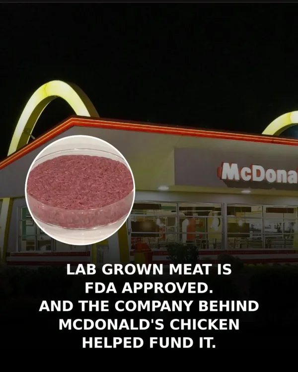May be an image of text that says 'McDona LAB GROWN MEAT เ IS FDA APPROVED. AND TH COMPANY BEHIND MCDONALD'S CHICKEN HELPED FUND IT.' May be an image of text that says 'McDona LAB GROWN MEAT เ IS FDA APPROVED. AND TH COMPANY BEHIND MCDONALD'S CHICKEN HELPED FUND IT.'