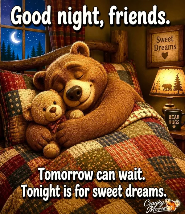 May be an image of text that says 'Good night, friends. Sweet Dreams BEAR HUGS Tomorrow can wait. Tonight is for sweet dreams. Cranky Moose'