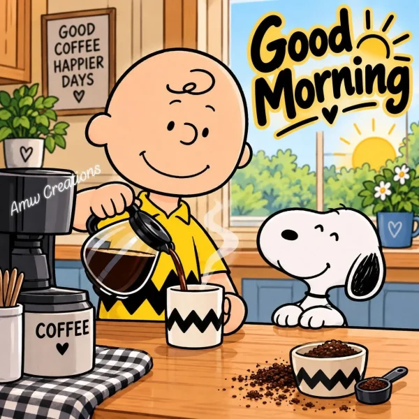 May be a doodle of coffee cup and text that says 'GOOD COFFEE HAPPIER DAYS Good! Morning Crea Creakons Amu Creations ons COFFEE m'