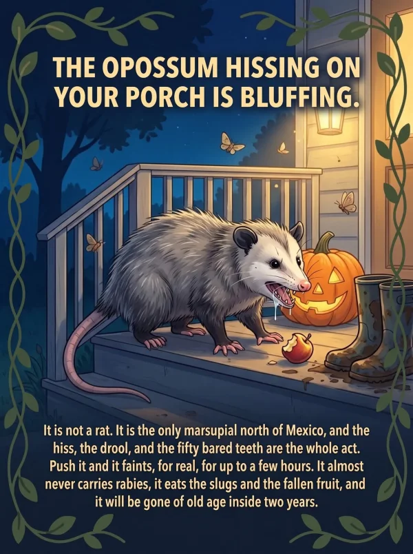Illustrated card: an opossum hissing on a porch step at night under a porch light. Headline: The opossum hissing on your porch is bluffing.