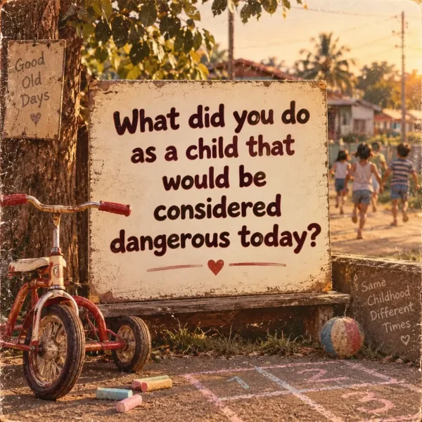 May be an image of child and text that says 'Good Old Days What did you do as a child that would be considered dangerous today? Same Childhood Different Times'