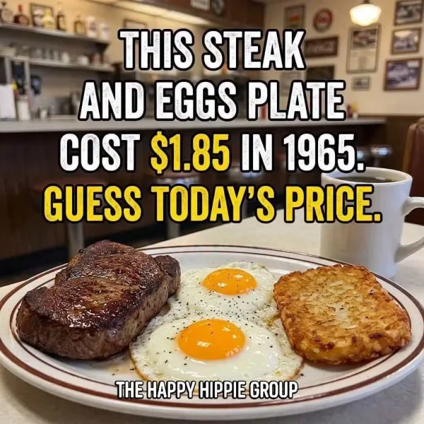 May be an image of text that says '6EoCO THIS STEAK AND EGGS PLATE COST $1.85 IN 1965. GUESS TODAY'S PRICE. ΤΗΕHAΡPy THEHAPPYHIPPIEGROU THΕ HIPPIE GROUP'