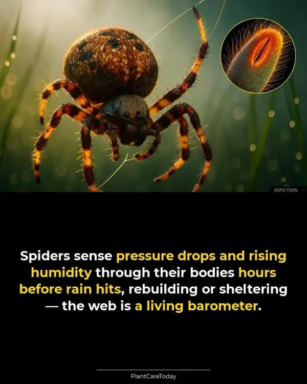 May be an image of text that says 'Spiders sense pressure drops and rising humidity through their bodies hours before rain hits, rebuilding or sheltering -the web is a living barometer. PlantCareToday'