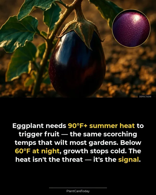 May be an image of text that says 'Eggplant needs 90°F+ summer heat to trigger fruit the same scorching temps that wilt most gardens. Below 60°F at night, growth stops cold. The heat isn't the threat 一 -it's the signal. PlantCareToday'