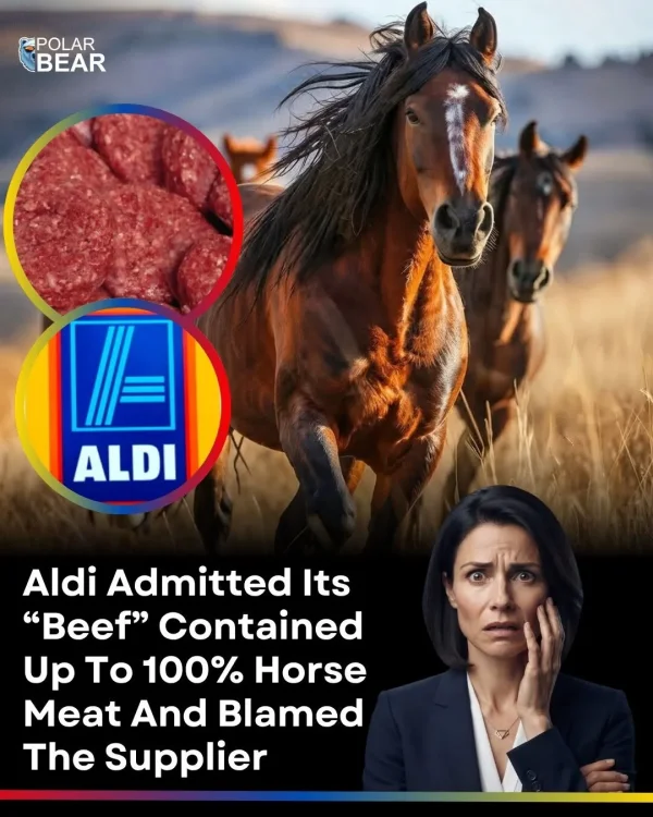May be an image of text that says 'POLAR BEAR ALDI ALDI Aldi Admitted Its  Contained Up To 100% Horse Meat And Blamed The Supplier'