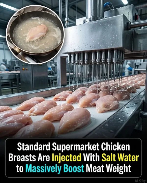 May be an image of text that says 'Standard Supermarket Chicken Breasts Are Injected With Salt Water to Massively Boost Meat Weight'
