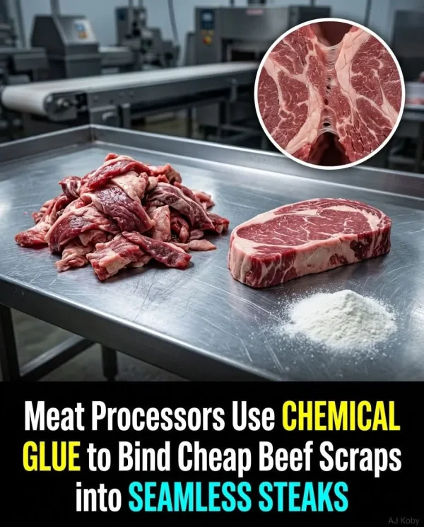 May be an image of steak and text that says 'Meat Processors Use CHEMICAL GLUE to Bind Cheap Beef Scraps into SEAMLESS STEAKS'