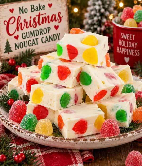 May be an image of text that says 'No Bake NOUGAT Christmas GUMDROP CANDY SWEET HOLIDAY HAPPINESS'