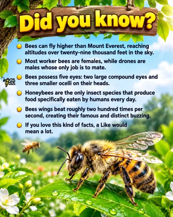 May be an image of text that says 'Did you know? Bees can fly higher than Mount Everest, reaching altitudes over twenty-nine thousand feet in the sky. Most worker bees are females, while drones are males whose only job is to mate. Bees possess five : two large compound eyes and three smaller ocelli on their heads. Honeybees are the only insect species that produce food specifically eaten by humans every day. Bees wings beat roughly two hundred times per second, creating their famous and distinct buzzing. If you love this kind of facts, a Like would mean a lot.'
