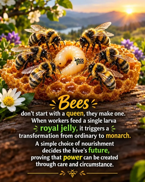 May be an image of text that says 'SWORLD ላ Bees don't start with a queen, they make one. When workers feed a single larva royal jelly, it triggers a transformation from ordinary to monarch. A simple choice of nourishment decides the hive's future proving that power can be created through care and circumstance.'