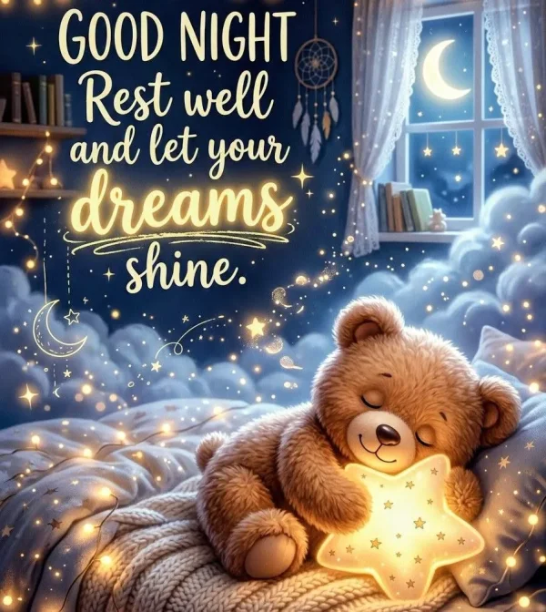May be an image of bedroom and text that says 'GOOD NIGHT Rest well and let your dreams shine. C'