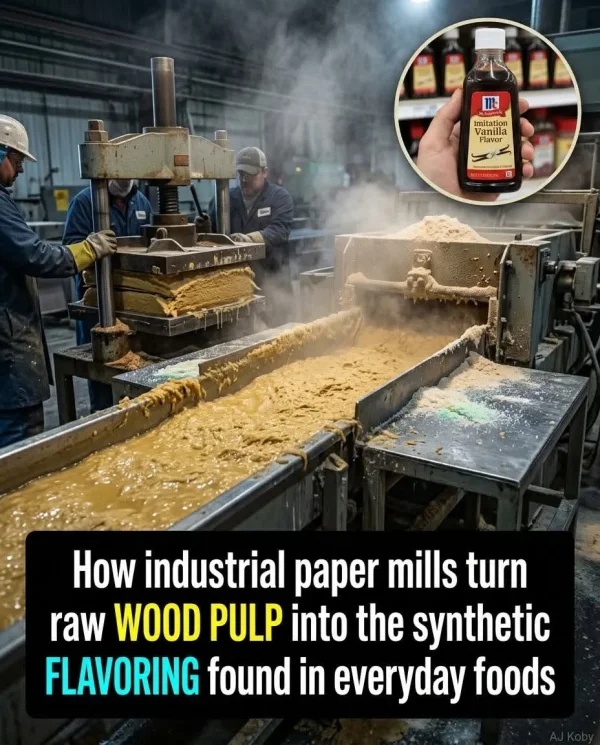 May be an image of text that says 'ዘሩ Imitation နန်ေသေနပ်လ Vanilla vanilla Flavor Flavor How industrial paper mills turn raw WOOD PULP into the synthetic FLAVORING found in everyday foods'