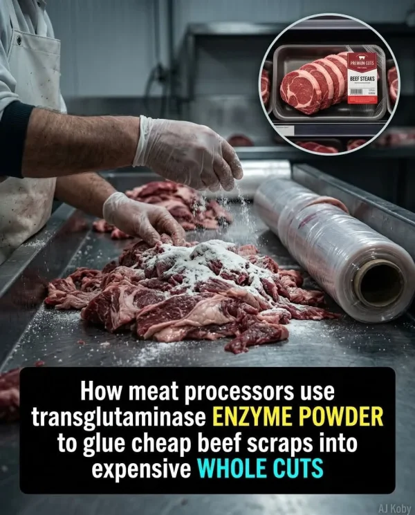 May be an image of text that says 'FREMUNCL BEEF STEAKS 国車製 5RSN How meat processors use transglutaminase ENZYME POWDER to glue cheap beef scraps into expensive WHOLE CUTS AJ JKoby'