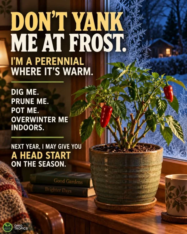 May be an image of text that says 'DON'T YANK ME AT FROST. I'M A PERENNIAL WHERE IT'S WARM. DIG ME. PRUNE ME. POT ME. OVERWINTER ME INDOORS. NEXT YEAR, MAY GIVE YOU A HEAD START ON THE SEASON. ROPIC OHIO TROPICS'