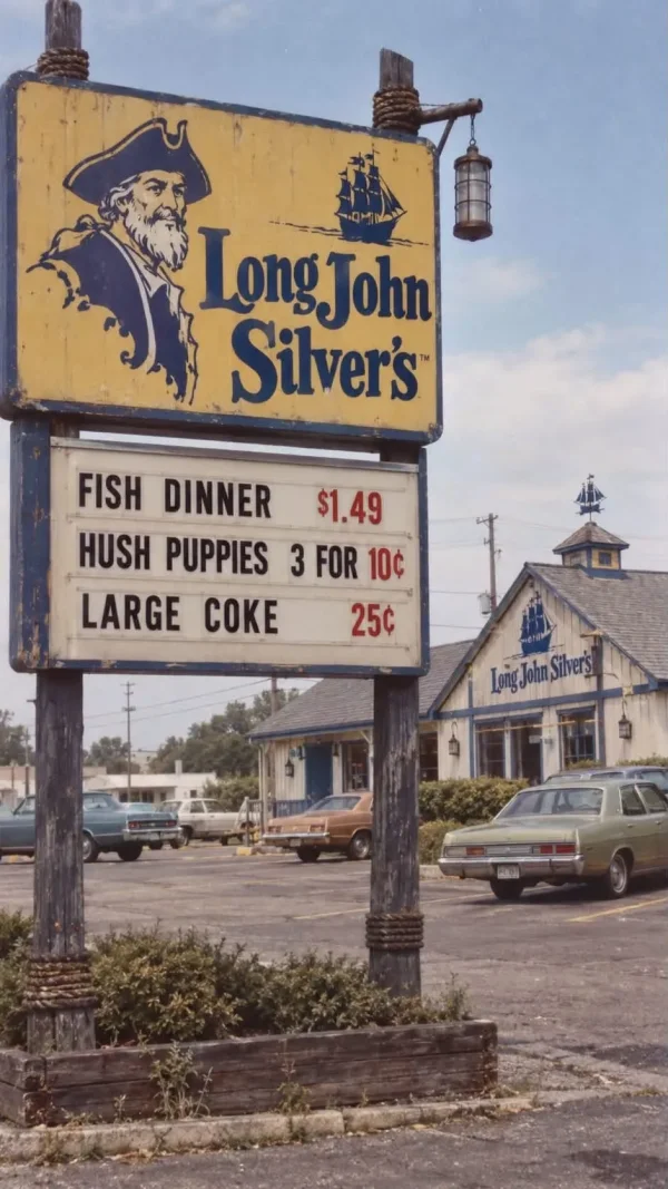 May be an image of text that says 'LongJohn ohn Silver's FISH DINNER $1.49 HUSH PUPPIES 3 FOR 10 LARGE COKE 25 LngJohSliher's Silvers'
