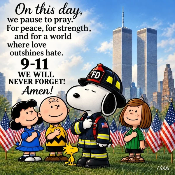 May be an image of text that says 'On this day, we pause to pray. For peace, for strength, and for a world where love outshines hate. 9-11 WE WILL NEVER FORGET! Amen! FD Nikki'