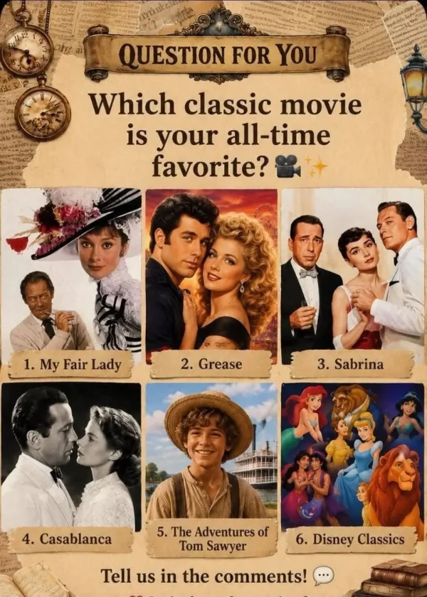 May be an image of text that says 'THetes QUESTION FOR YOU Which classic movie is your all-time favorite? 1. My Fair 1.MyFairLady Lady 2. Grease 3. Sabrina 4. Casablanca នឹង) 5. The Adventures of Tom Sawyer 6. Disney Classics Tell us in the comments!'