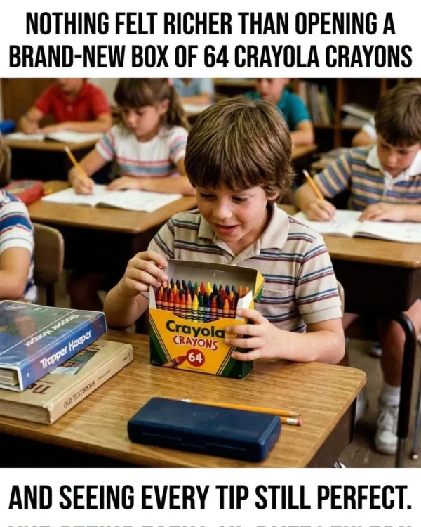 May be an image of text that says 'NOTHING FELT RICHER THAN OPENING A BRAND-NEW BOX OF 64 CRAYOLA CRAYONS TAA ขากแน T Πααρας Trapper NI E7ROS αο Crayola CRAYONS 64 AND SEEING EVERY TIP STILL PERFECT.'