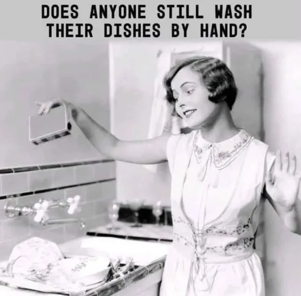 May be an image of text that says 'DOES ANYONE STILL WASH THEIR DISHES BY HAND?'