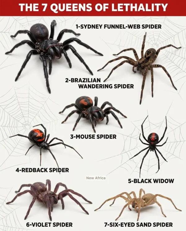 May be an image of text that says 'THE 7 QUEENS OF LETHALITY 1-SYDNEY 神 FUNNEL-WEB SPIDER 2-BRAZILIAN WANDERING SPIDER 3-MOUSE 3-MOUSESPIDER SPIDER 4-REDBACK SPIDER New Africa 5-BLACK WIDOW 6-VIOLET 6-VIOLETSPIDER SPIDER 7-SIX-EYED SAND SPIDER'