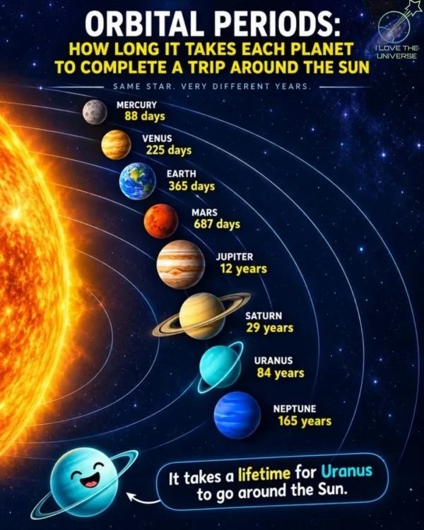 May be an image of planet, outer space and text that says 'ORBITAL PERIODS: HOW LONG IT TAKES EACH PLANET LOVE .E UNIVERSE to COMPLETE A TRIP AROUND THESUN SUN HE YEARS SAME STAR VERY DIFFEREN MERCURY 88 days VENUS 225 days EARTH 365 365days days MARS 687 days JUPITER 12 years SATURN 29 years URANUS 84 years NEPTUNE 165 years It takes a lifetime for Uranus to go around the Sun.'