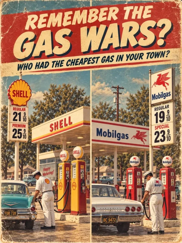 May be an image of text that says 'REMEMBER THE GAS WARS? HAD TH CHEAPEST GAS IN YOUR TOWN? SHELL REGULAR 21% PREMIUM 25号 SHELL Mobilgas REGULAR 19ㅎ 음 SPECIAL 23입 음 SHELL SHELL Mobilgas Happy Motoring! Mobilgas Mobilgas :01 nHЛ ・四定 m 目 FDB728 FDB 728 BC9472'