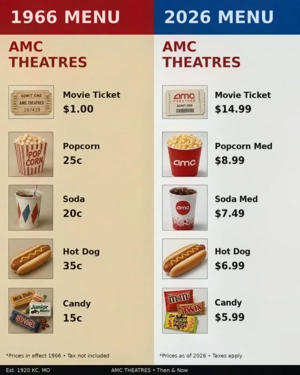 May be an image of ‎ticket stub and ‎text that says '‎1966 MENU AMC THEATRES 2026 MENU AMC THEATRES ADMIT ONE AMCT MCTHEATRES 26742B Movie Ticket $1.00 aMo ADMIT INMOHINA Movie Ticket $14.99 POP CORN Popcorn 25c ama Popcorn Med $8.99 Soda 20c amo Soda Med $7.49 عمى Hot Dog 35c Milk Duds Hot HotDog Dog $6.99 መስለብይ Junior REDVINES Candy 15c mens TWiX *Prices Candy $5.99 effect 1966 Tax not included Est. 1920 Kc MO *Prices as of 2026 Taxes apply AMC THEATRES Then Now‎'‎‎