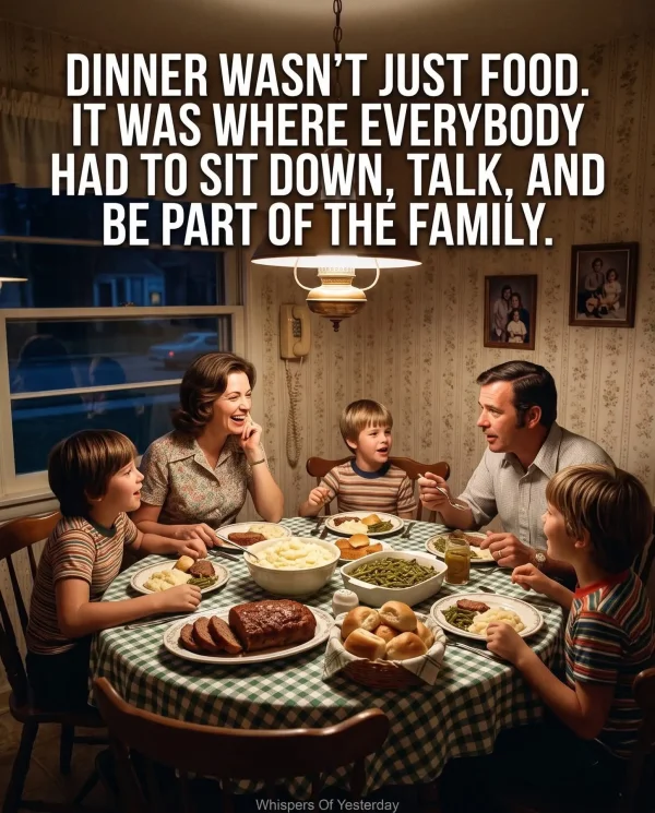 May be an image of text that says 'DINNER WASN'T JUST FOOD. IT WAS WHERE EVERYBODY HAD TO SIT DOWN, TALK, AND BE PART OF THE FAMILY. ) ጣ រ WhispersOfYesterdav spersOf Of Yesterday'