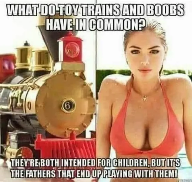 May be an image of train, toy and text that says 'WHAT DO TOY TRAINS AND BOOBS HAVE IN COMMON? 6 THBOTH INTENDED FOR CHILDREN, BUTIT'S H FATHERS THAT END UP PLAYING WITH M!'